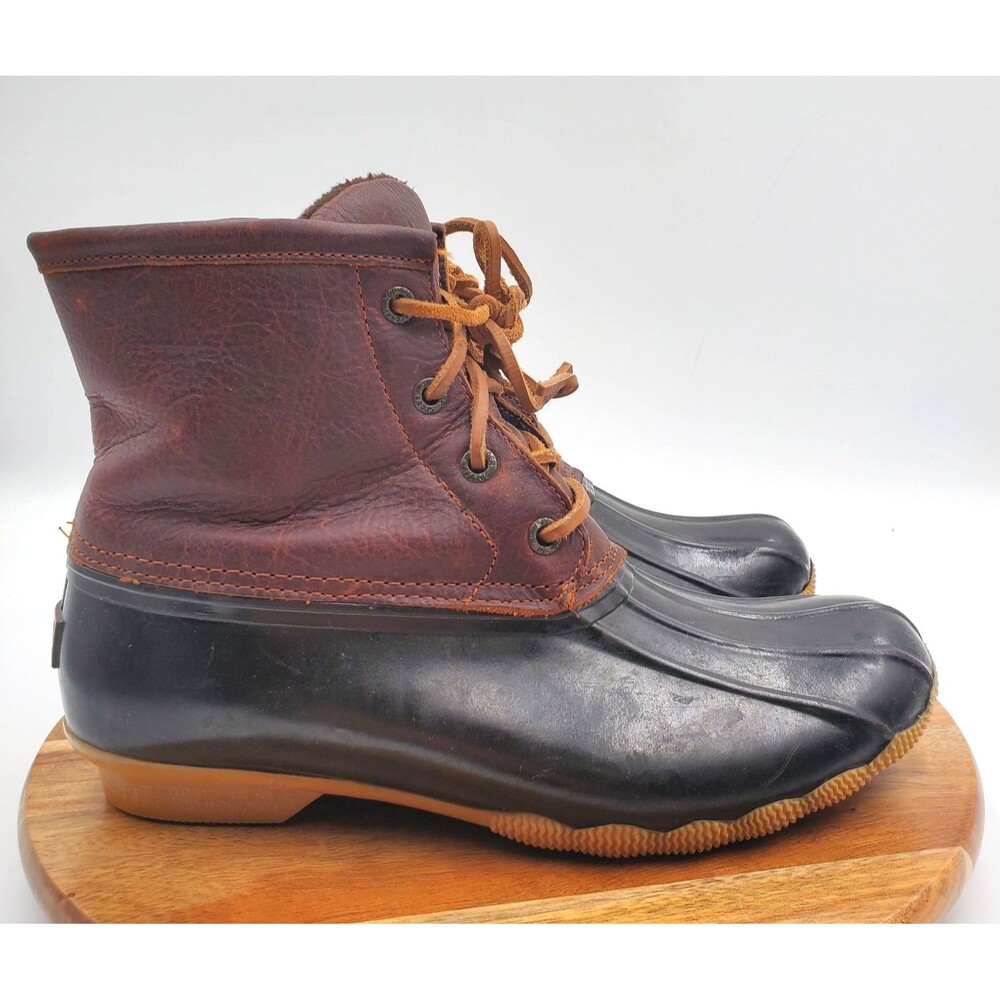 Sperry Top-Sider Saltwater Rain Boots Women's 7 Black/Brown Duck Boots Leather